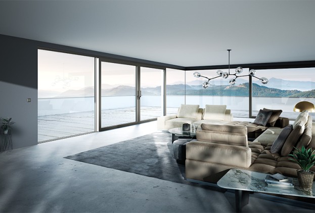 Designvielfalt-Wohnzimmer mit grosser Fensterfront Innenansicht