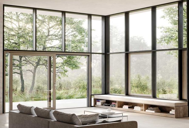 Designvielfalt-Wohnzimmer mit grosser Glasfront Innenansicht