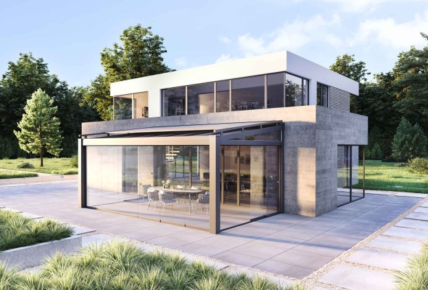 Glasschiebewand-Wohnhaus mit Ueberdachung und Glasschiebewand