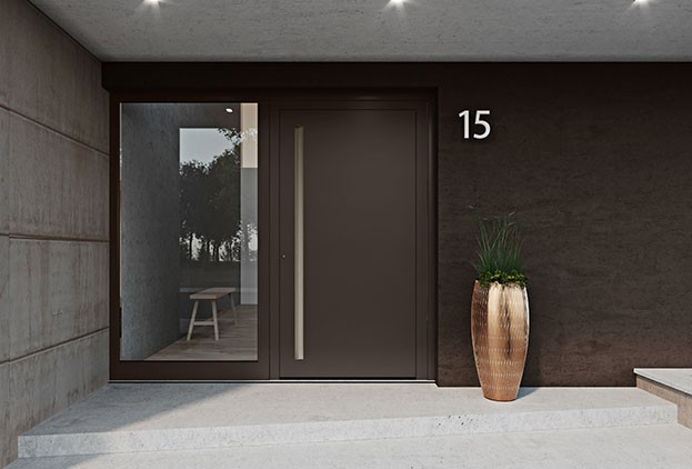 Aluminium Haustueren-Eingang ueberdacht braun