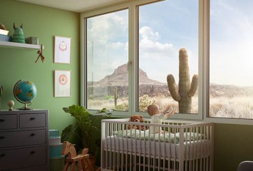 Modernisierung-Kinderbett mit Fenster und Blick auf die Savanne