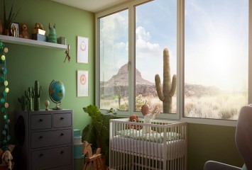 Barrierefreiheit-Kinderzimmer mit Ausblick auf Savanne