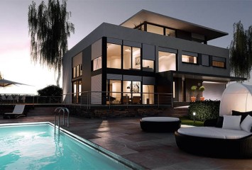 Modernisierung-modernes Haus mit Pool in Abenddaemmerung