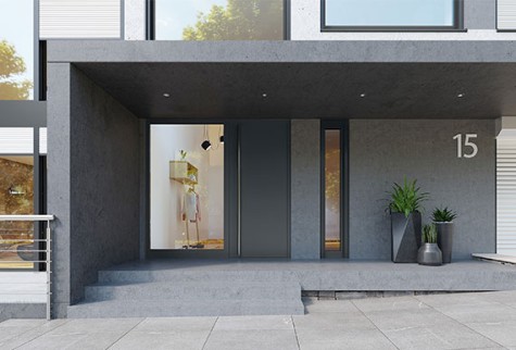 Designvielfalt-RAL- und DB-Farben-Aussenansicht Wohnhaus mit ueberdachter Haustuer
