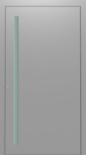 Haustuerfuellung-freigestellte Haustuer geschlossen Le Corbusier hell grau mit tuerkiser Griffleiste