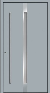 Haustuerfuellung-freigestellte Haustuer geschlossen Le Corbusier hell grau mit tuerkiser Griffleiste