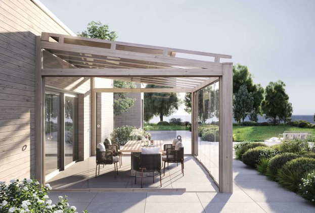 Glasschiebewand-Ueberdachung mit Holzfassade